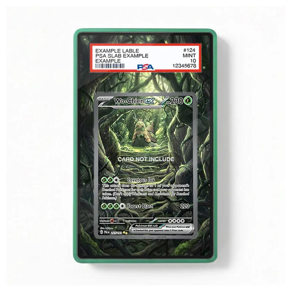 A green-bordered PSA graded display card slab containing a Warden of the Forest themed card, with a PSA slab label visible at the top and a placeholder card area marked 'CARD NOT INCLUDE'.