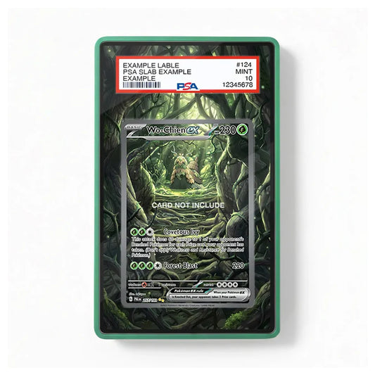 A green-bordered PSA graded display card slab containing a Warden of the Forest themed card, with a PSA slab label visible at the top and a placeholder card area marked 'CARD NOT INCLUDE'.
