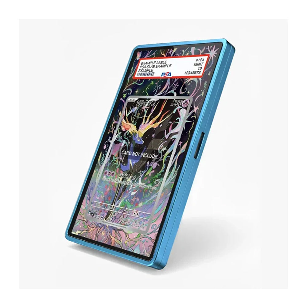 A blue protective phone case with a colorful, iridescent holographic screen protector, shown at an angle on a light gray background.