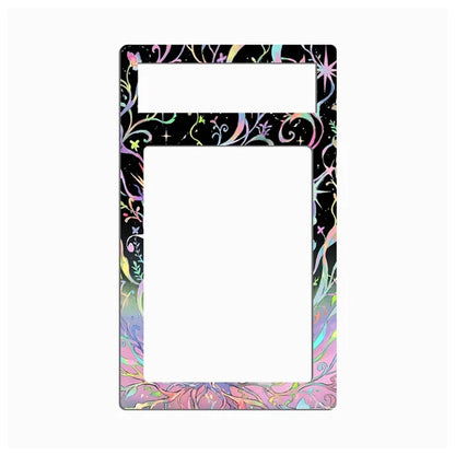 A decorative picture frame with a black background and a vibrant, multicolored pastel floral and swirl pattern, shown on a plain white background.