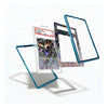 A clear acrylic display card holder with a metallic teal-blue frame, shown in multiple angles on a white background. One view shows a graded holographic Pokémon TCG card inside the holder, while other views show the empty holder from the back and side.
