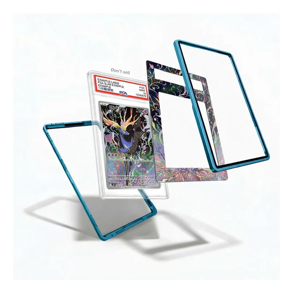 A clear acrylic display card holder with a metallic teal-blue frame, shown in multiple angles on a white background. One view shows a graded holographic Pokémon TCG card inside the holder, while other views show the empty holder from the back and side.
