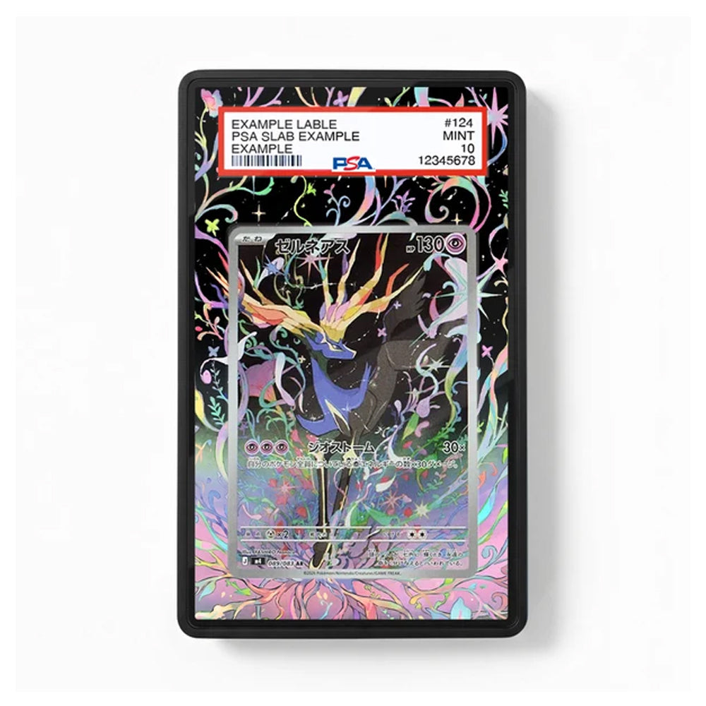 A PSA graded holographic Pokémon card featuring a dark, swirling multicolor design, encapsulated in a black protective case with a white PSA label at the top.