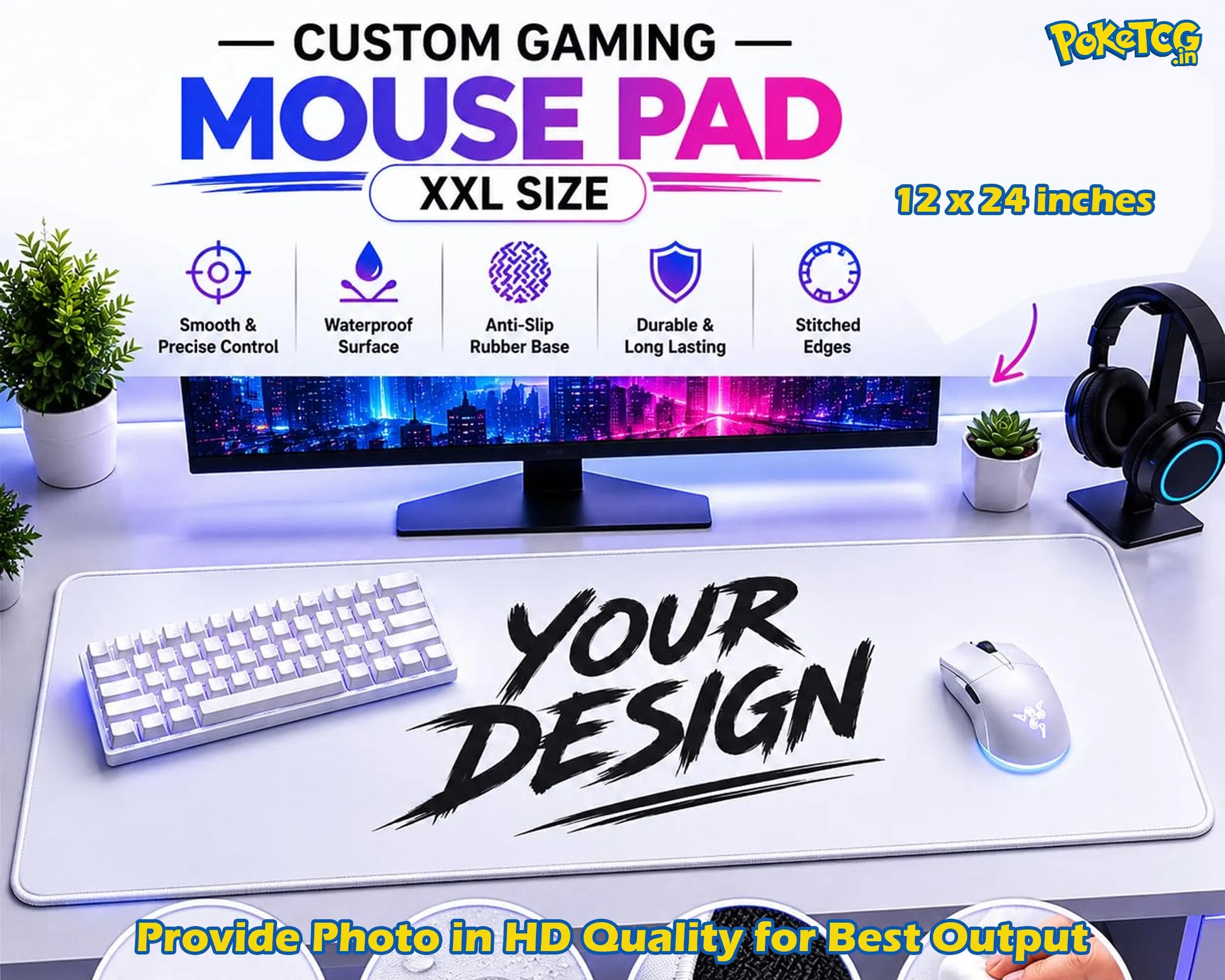 A large white gaming mouse pad displayed on a desk setup, with a keyboard, mouse, monitor, headphones, plants, and promotional text including 'CUSTOM GAMING MOUSE PAD', 'XXL SIZE', '12 x 24 inches', and 'YOUR DESIGN'.
