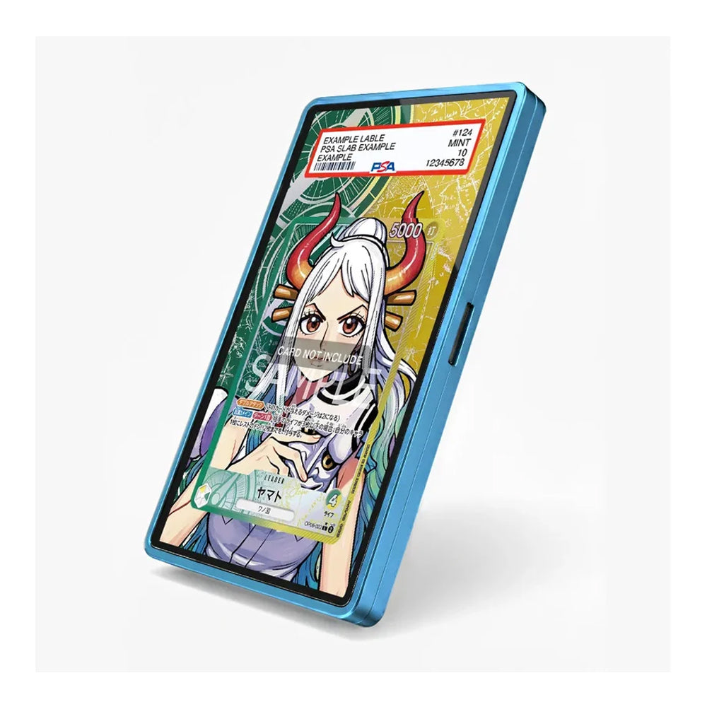 A blue smartphone case shown at an angle on a light gray background, featuring a colorful anime-style illustration on the screen with a visible 'SAMPLE' watermark overlay.