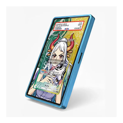 A blue smartphone case shown at an angle on a light gray background, featuring a colorful anime-style illustration on the screen with a visible 'SAMPLE' watermark overlay.