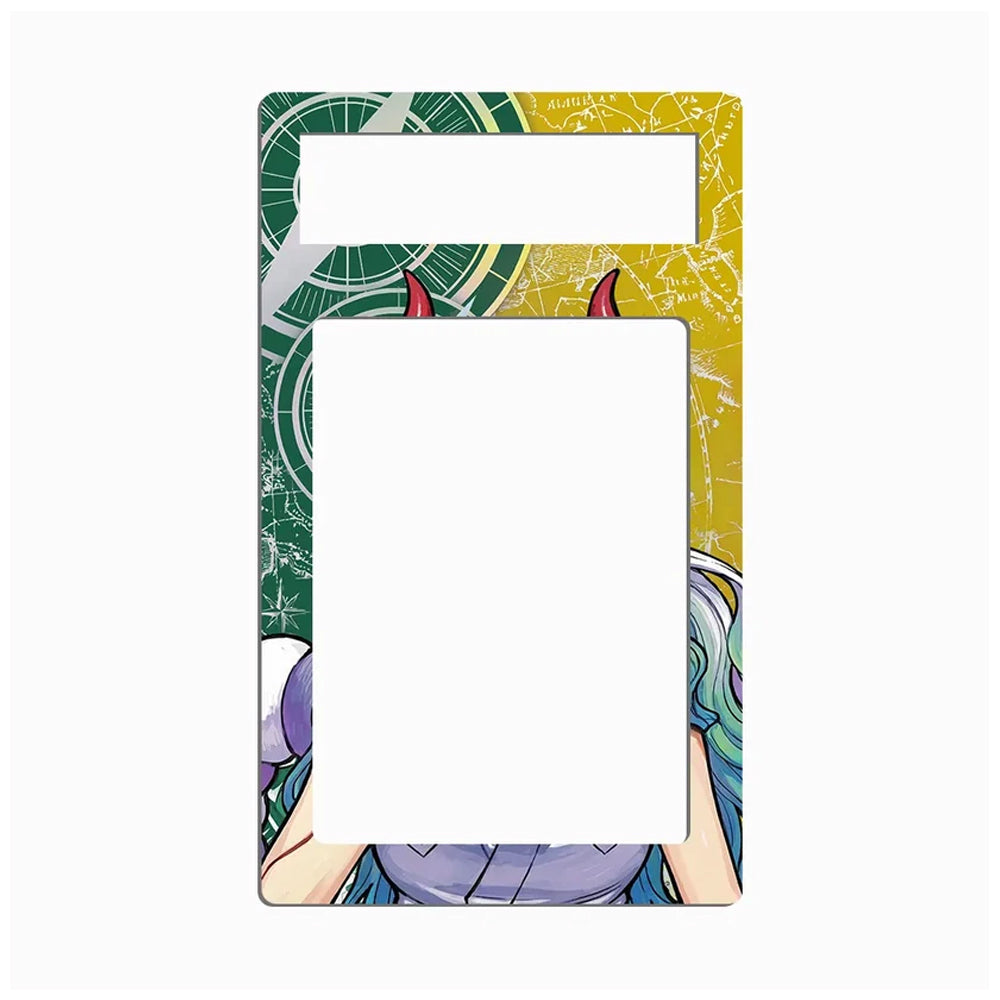 A rectangular metal plate with rounded corners, featuring a colorful anime-style illustration on the top and bottom borders. The top section has a cutout for a card or tag, and the design features green, yellow, purple, and blue tones.