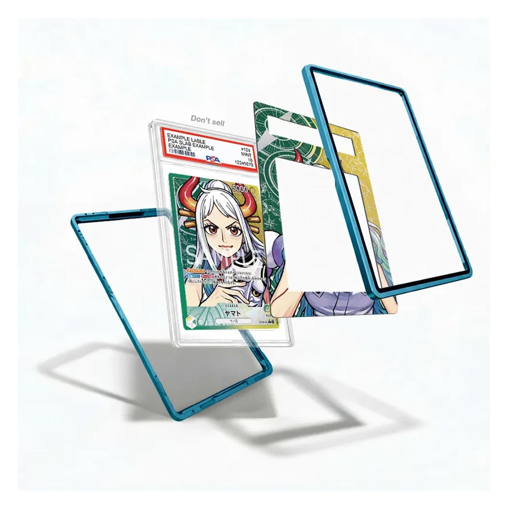Three transparent phone screen protectors with blue, green, and gold borders are shown floating around a graded collectible card on a clean white background.