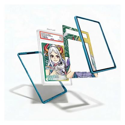 Three transparent phone screen protectors with blue, green, and gold borders are shown floating around a graded collectible card on a clean white background.
