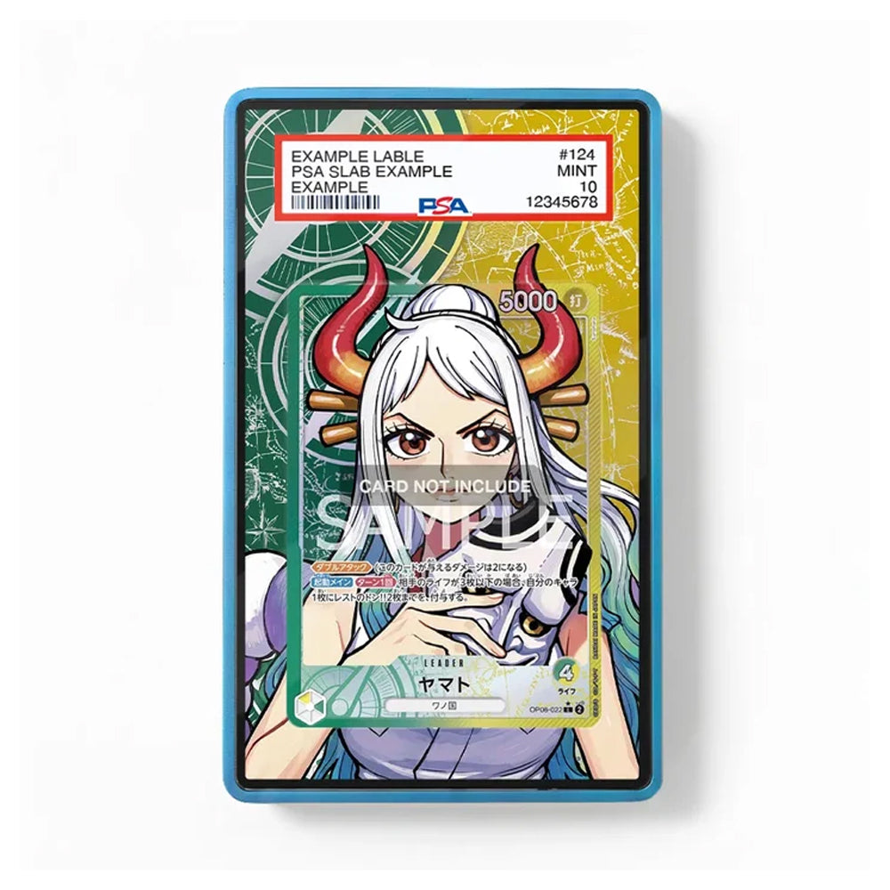 A collectible PSA grading card for a Blue Eyes White Wolf anime card, shown inside a blue protective plastic case on a white background. The card features a graded PSA slab label at the top and a 'SAMPLE' watermark overlay.