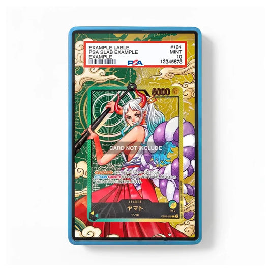 A collectible trading card in a PSA slab, featuring an anime character with red hair and a red dress on a gold and green background. The slab has a blue border, and the PSA logo is visible in the top right corner of the slab.