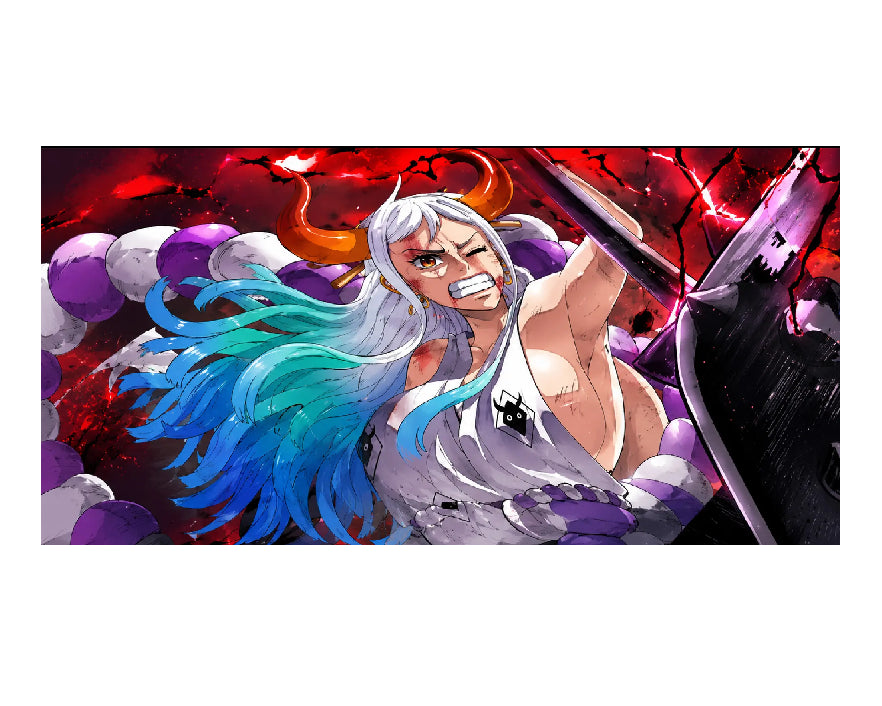 Anime-style illustrated artwork of a horned character with long white and blue hair, surrounded by purple spheres and a dark red background, shown within a white square frame.