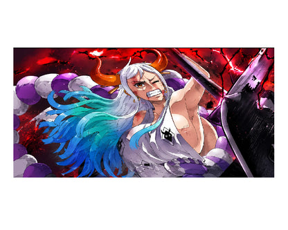 Anime-style illustrated artwork of a horned character with long white and blue hair, surrounded by purple spheres and a dark red background, shown within a white square frame.