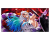 Anime-style illustrated artwork of a character with long white and blue hair, wearing torn white clothing, set against a dramatic red and black background with purple and white orb-like shapes.