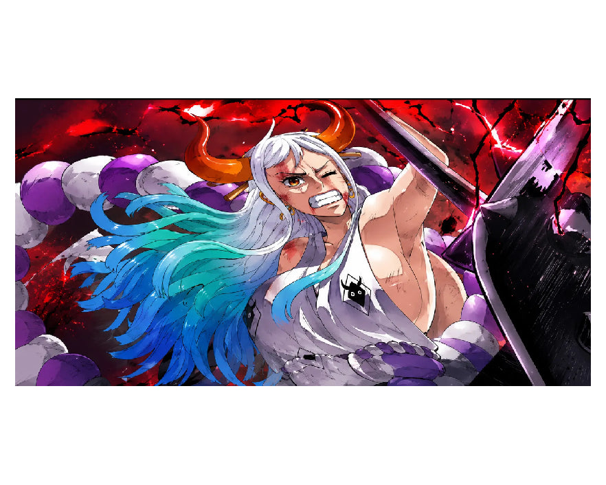 Anime-style illustrated artwork of a character with long white and blue hair, wearing torn white clothing, set against a dramatic red and black background with purple and white orb-like shapes.