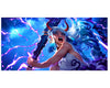 A stylized fantasy illustration of a horned female figure with blue hair, holding a weapon, surrounded by electric blue and purple lightning effects on a white background.
