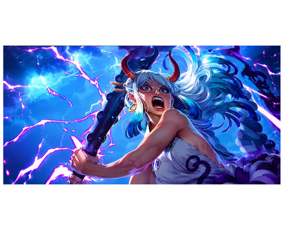 A stylized fantasy illustration of a horned female figure with blue hair, holding a weapon, surrounded by electric blue and purple lightning effects on a white background.