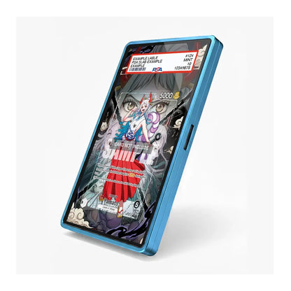 A blue metallic smartphone case shown at an angle on a light gray background, with a printed anime-style card design visible on the phone screen.