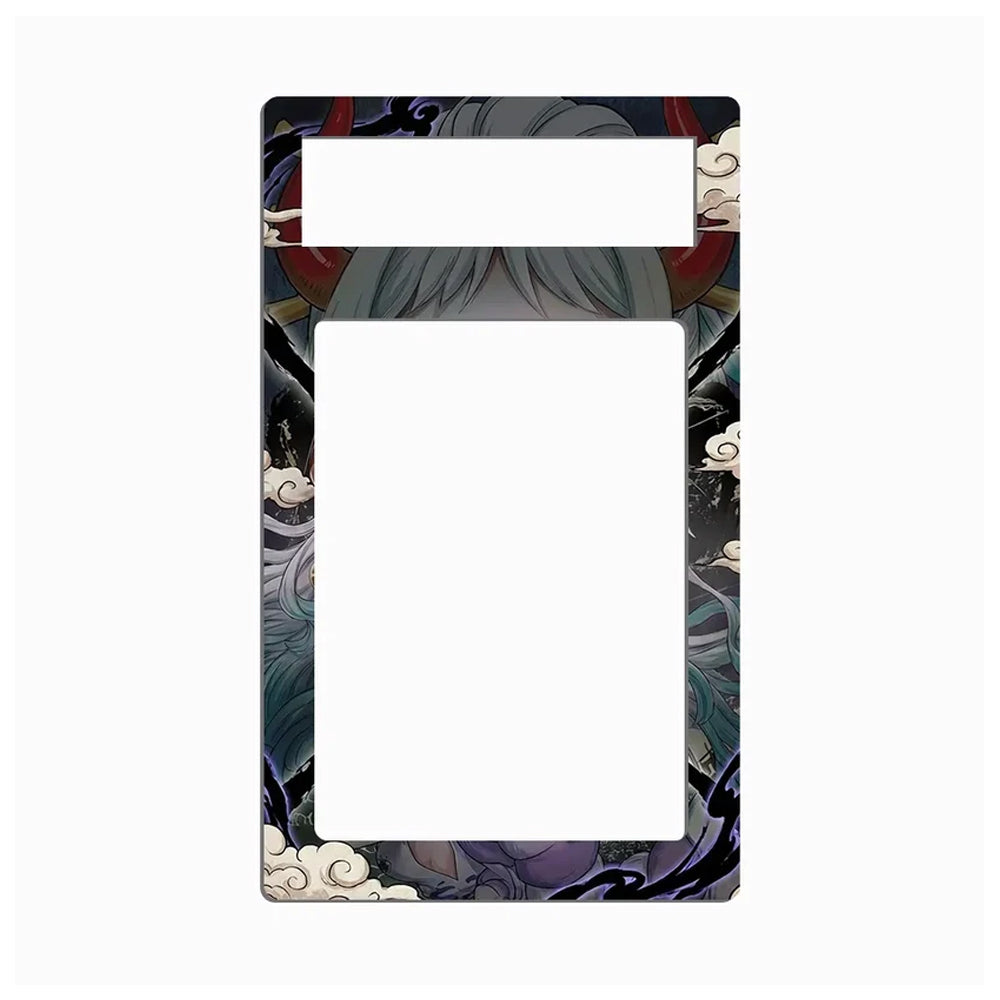 A rectangular decorative plate or frame insert with a large blank white center and an illustrated border featuring anime-style hair, clouds, and dark ornamental details.