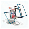 Three transparent acrylic card frames with metallic blue edges are shown floating around a graded anime trading card on a clean white background.