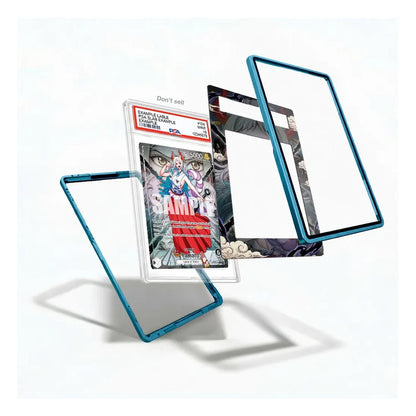 Three transparent acrylic card frames with metallic blue edges are shown floating around a graded anime trading card on a clean white background.