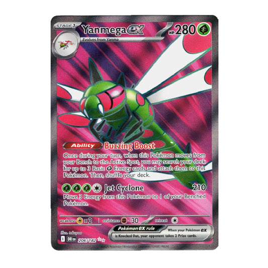 A single Pokémon trading card featuring Yanmega EX, shown against a plain white background. The card has a dark gray border and displays Yanmega with green and pink coloration on a pink and black energy background.