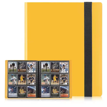 Yellow card holder with black strap displaying trading cards of baseball players