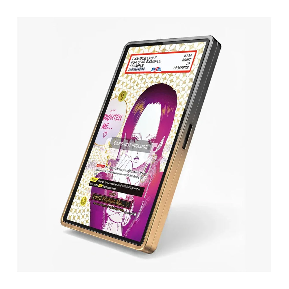 A digital mockup of a smartphone displaying a graphic design template with a purple illustration and text overlays, framed in a gold-colored bumper case against a light gray background.