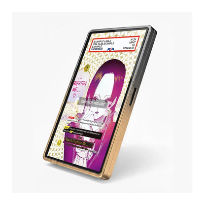 A digital mockup of a smartphone displaying a graphic design template with a purple illustration and text overlays, framed in a gold-colored bumper case against a light gray background.