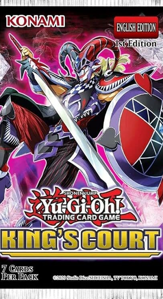 Yu-Gi-Oh! King’s Court Booster Pack (English Version) featuring collectible trading cards, royal knights, and exclusive rare designs.