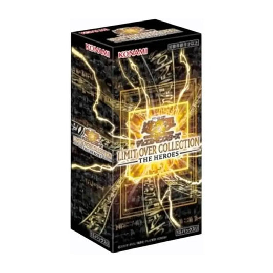 Yu-Gi-Oh! Limit Over Collection: The Heroes card deck box by Konami, featuring a black and gold design with glowing yellow lightning effects and Japanese text.
