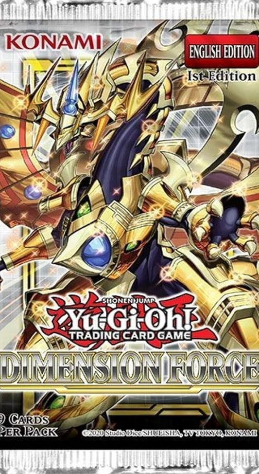 Yu-Gi-Oh! TCG Dimension Force Booster Pack (English Version) featuring fusion monsters, collectible cards, and exclusive dueling artwork.