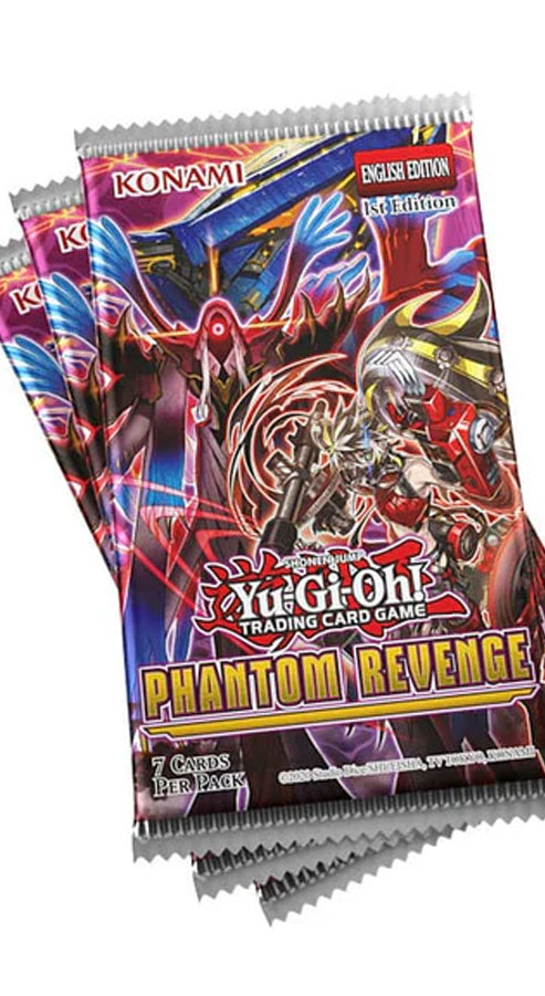 Yu-Gi-Oh! trading card game packs with 'Phantom Revenge' theme on a white background