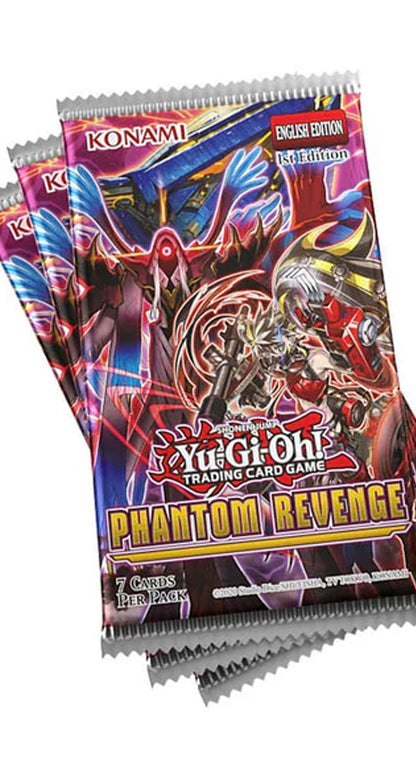 Yu-Gi-Oh! trading card game packs with 'Phantom Revenge' theme on a white background