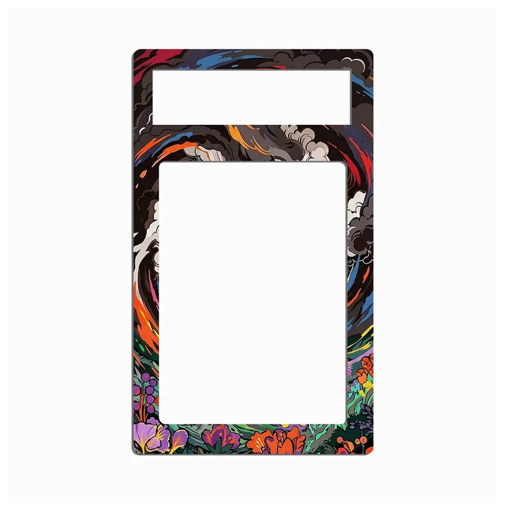 A rectangular phone case with a colorful abstract and floral pattern, featuring a large blank white center for a screen, set against a plain white background.