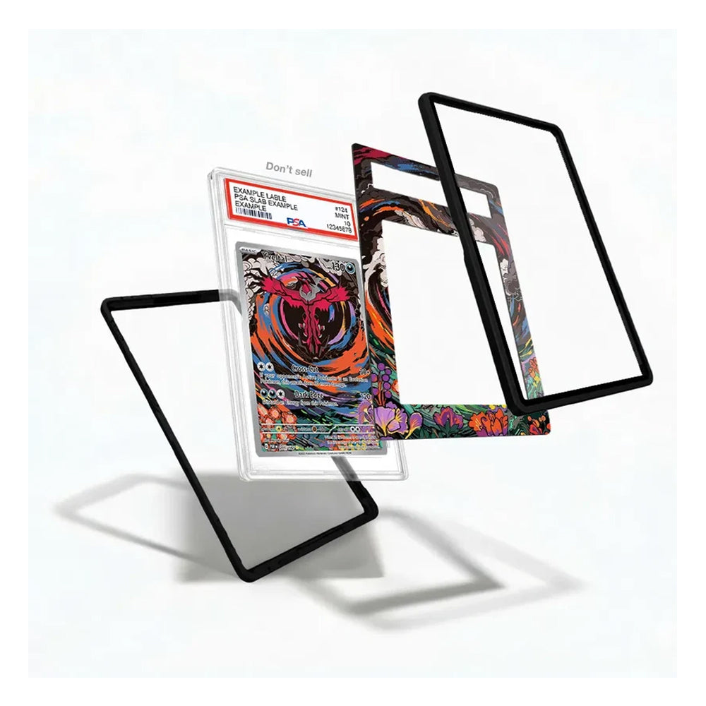 A set of custom acrylic card protectors and frames with black borders and a vibrant multicolor psychedelic design, shown floating around a graded holographic card on a white background.