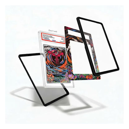 A set of custom acrylic card protectors and frames with black borders and a vibrant multicolor psychedelic design, shown floating around a graded holographic card on a white background.