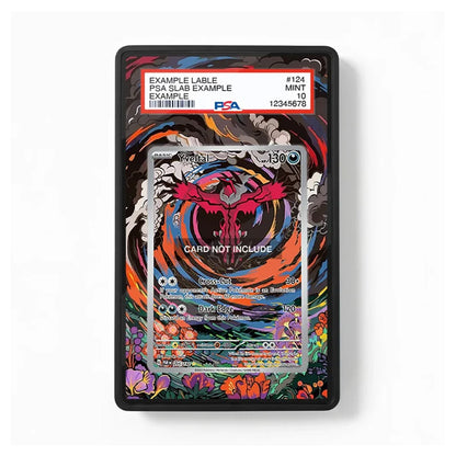 A collectible PSA graded display card slab showing a colorful swirling card design with a red bird illustration and a PSA label at the top, photographed on a light gray background.