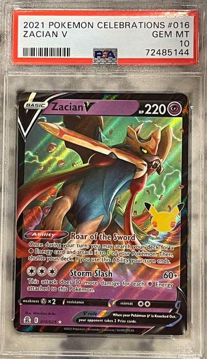 Pokémon trading card featuring Zacian V with PSA grading label