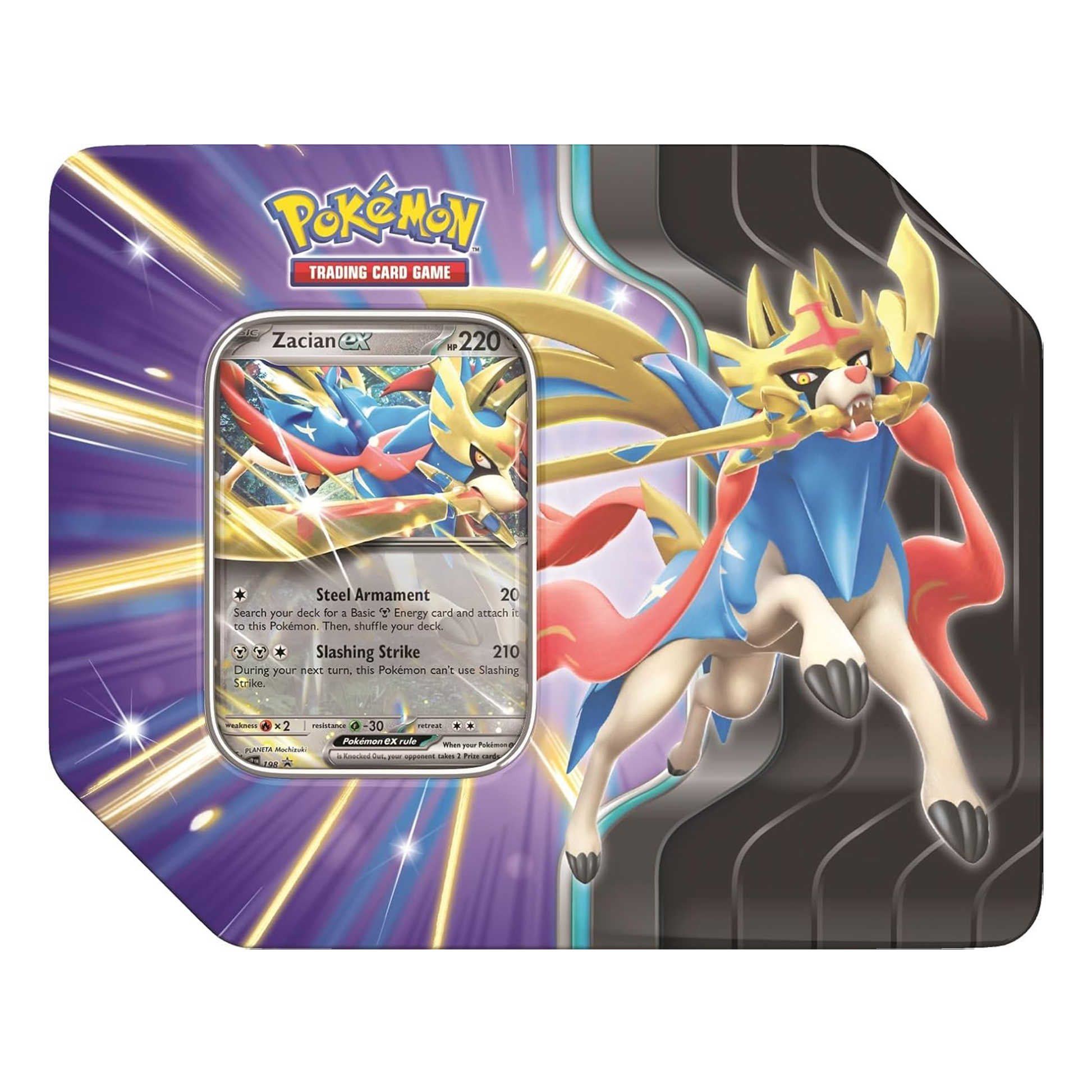 Pokémon trading card game featuring Zacian EX on a colorful display