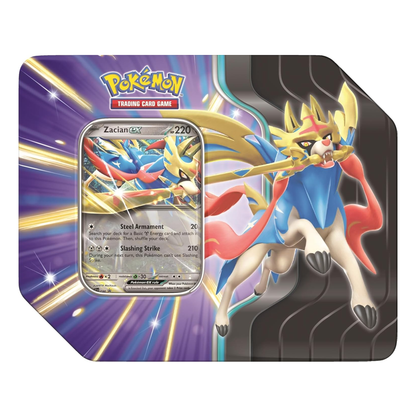 Pokémon trading card game featuring Zacian EX on a colorful display