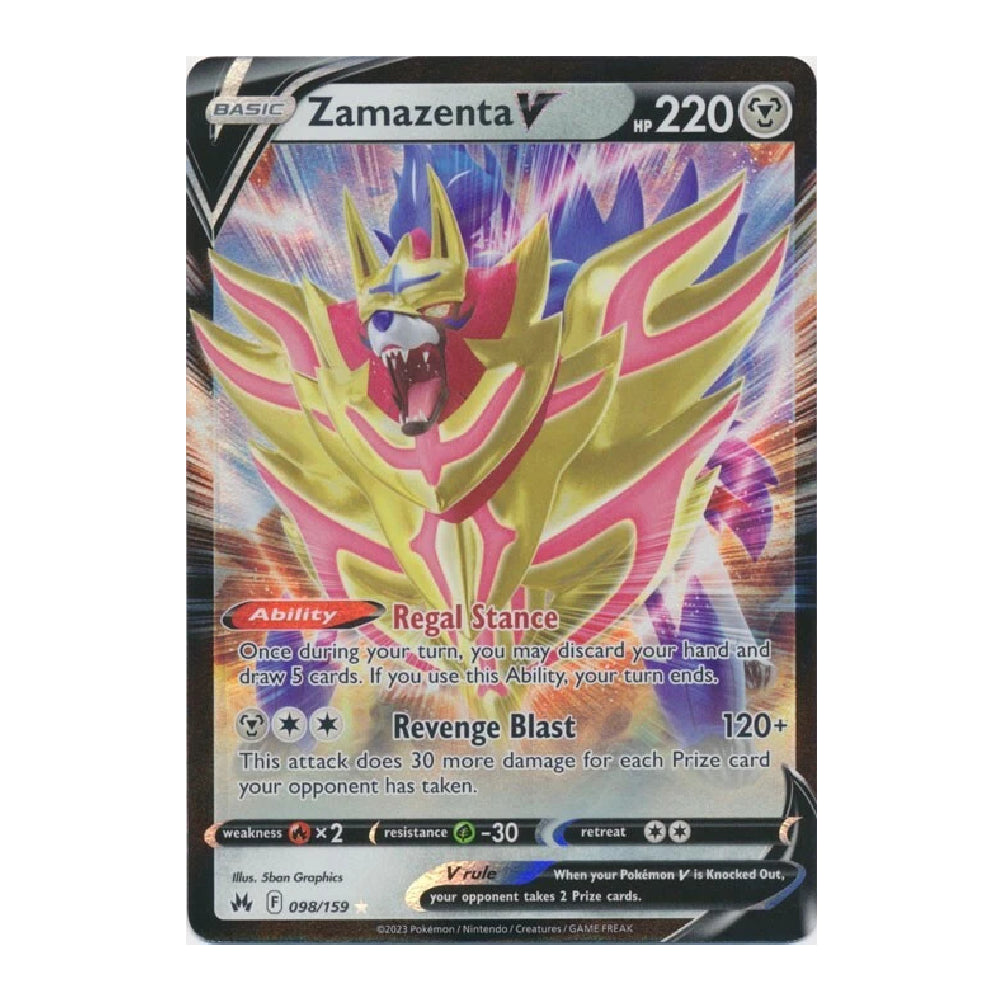 A single Pokémon trading card for Zamazenta V, shown flat against a plain white background. The card features a large illustrated creature in metallic gold, pink, and blue tones with the Pokémon logo and card details visible.