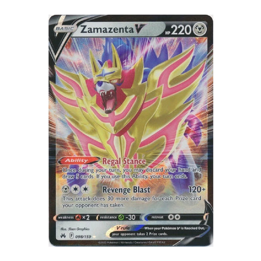 A single Pokémon trading card for Zamazenta V, shown flat against a plain white background. The card features a large illustrated creature in metallic gold, pink, and blue tones with the Pokémon logo and card details visible.
