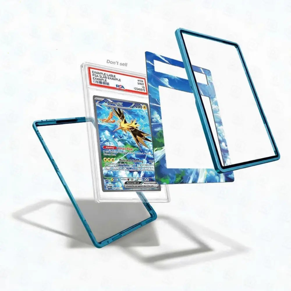 Card with protective blue frame and clear cover on a white background