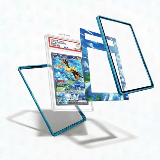 Card with protective blue frame and clear cover on a white background