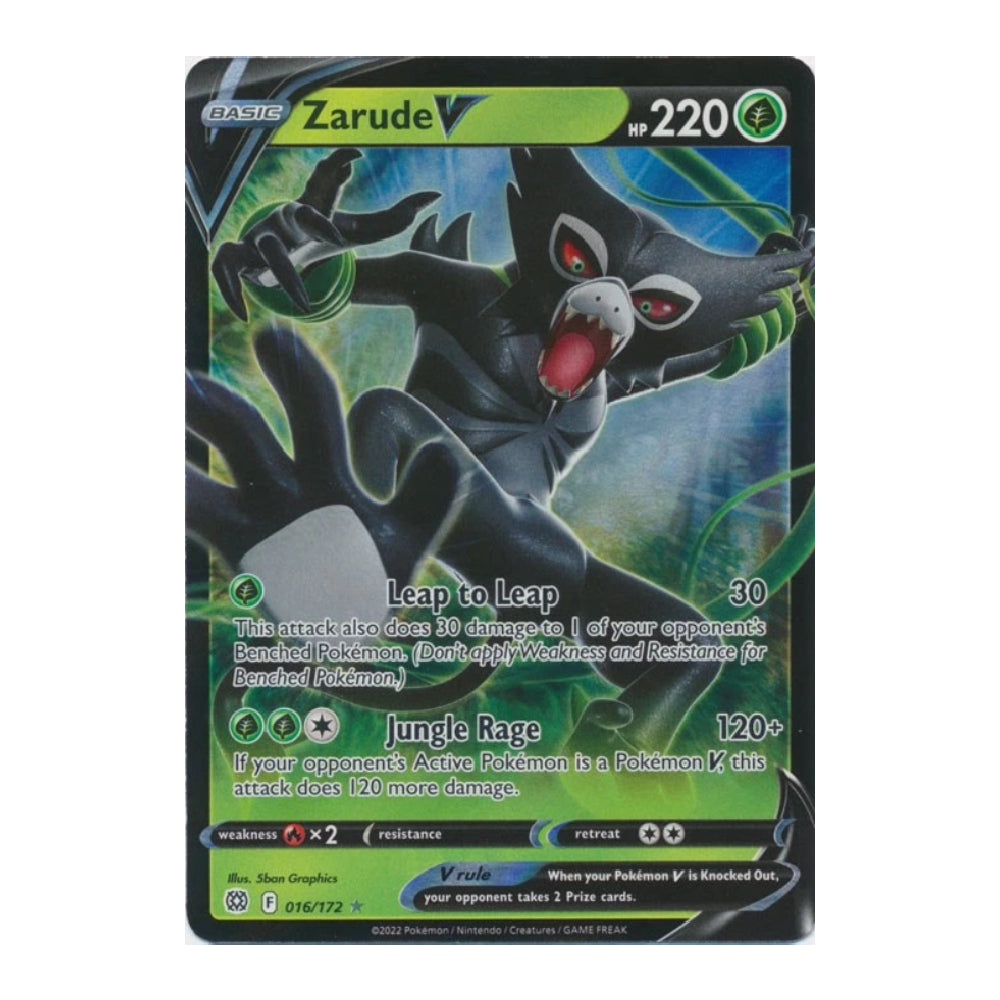 A single Pokémon trading card featuring Zarude, with the card name at the top, health points 220, and attack text including Leap to Leap and Jungle Rage. The card is photographed straight-on against a plain white background.