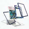 Card in protective holder with blue and white design on a white background