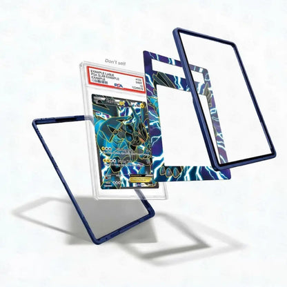 Card in protective holder with blue and white design on a white background