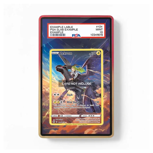 A clear display card case with a red top border and gold bottom border, holding a Pokémon TCG card mockup featuring Zekrom. The case has a PSA slab label at the top showing grading details, photographed on a clean white background.