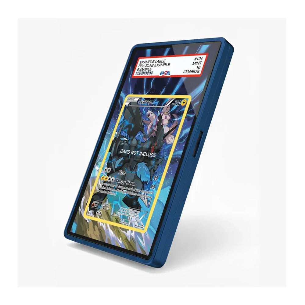 A blue protective phone case shown at an angle on a light gray background, with a sample Pokémon trading card displayed on the phone screen inside the case.